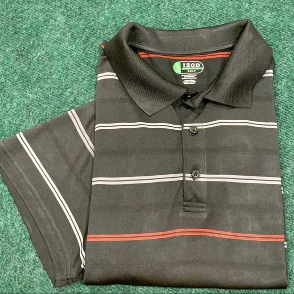 Izod Black Striped Polyester Knit Golf Polo Shirt XL